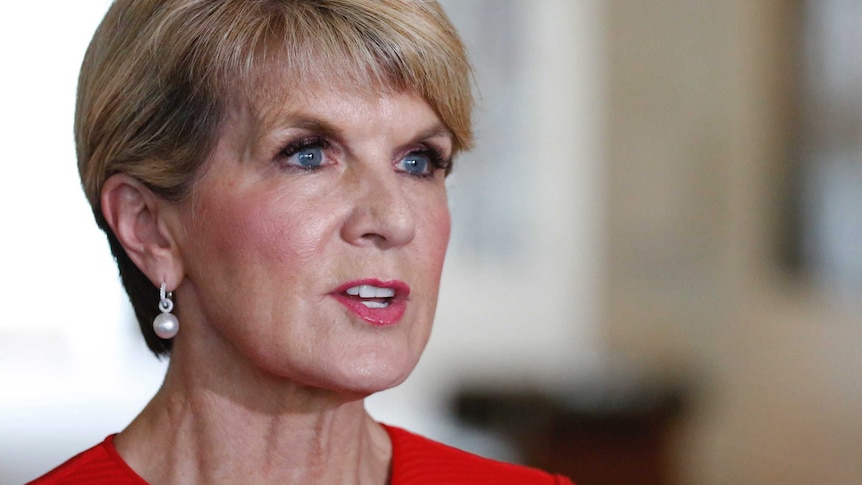 Foreign Minister Julie Bishop wears a red blazer and pearls to speak to the media.