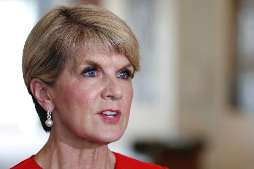 Foreign Minister Julie Bishop wears a red blazer and pearls to speak to the media.
