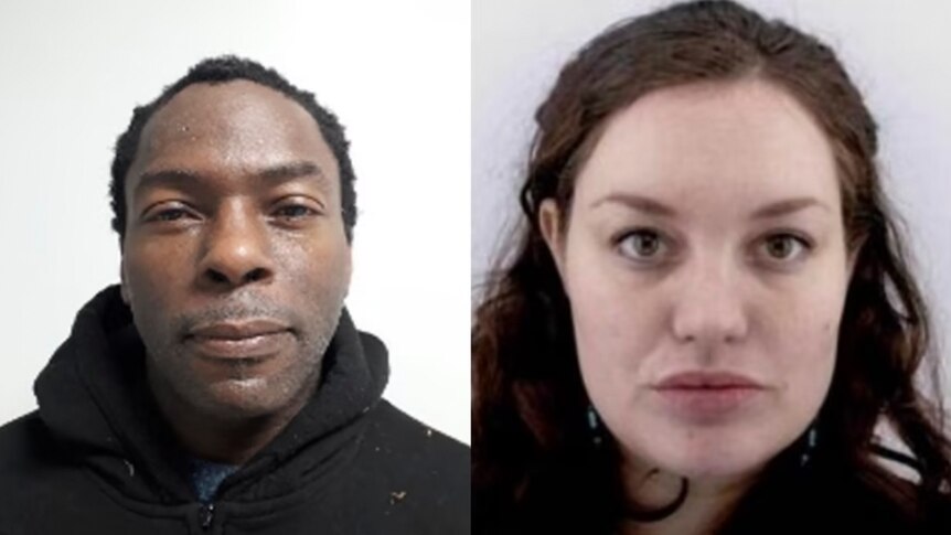 Two photos side by side. Left, a black man looks into the camera with a neutral expression. Right, a white woman does the same