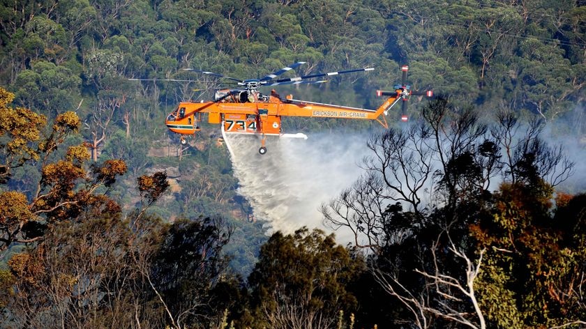 An air crane dumps water on a bushfire threatening homes in East Killara