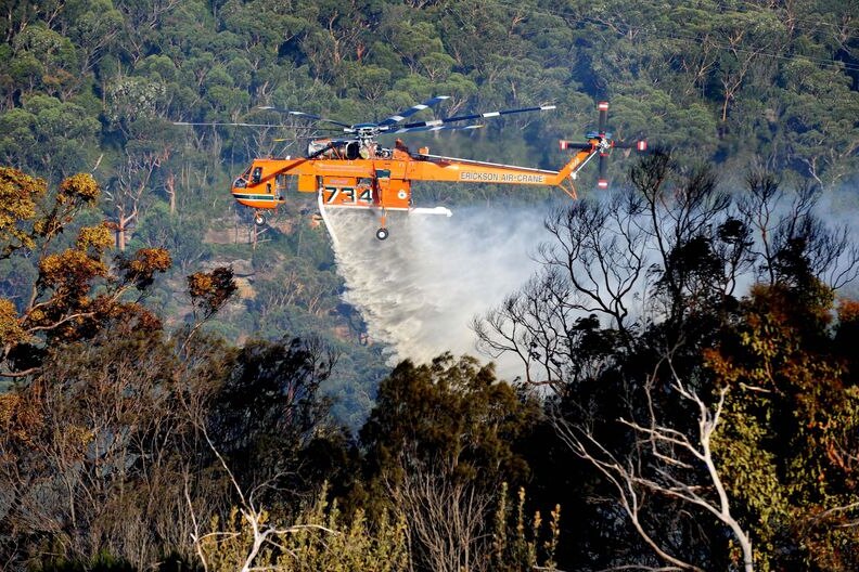 An air crane dumps water on a bushfire threatening homes in East Killara