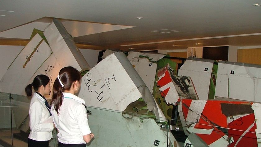 The wreckage of a Japan Airlines (JAL) Boeing 747 that crashed in 1985 on display at the Japan Airlines Safety Promotion Centre in Tokyo.