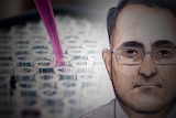 A court sketch of Bradley Edwards next to a series of small test tubes and a pink vial of liquid in a lab.