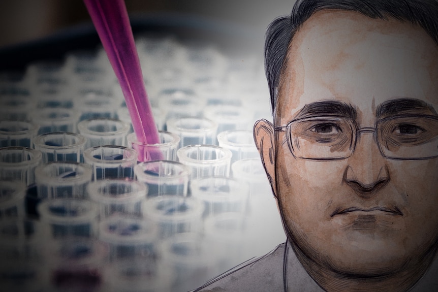 A court sketch of Bradley Edwards next to a series of small test tubes and a pink vial of liquid in a lab.