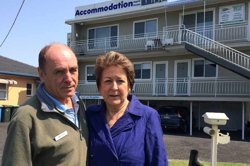 Bruce and Sharon Cadwallader outside their motel in Ballina.