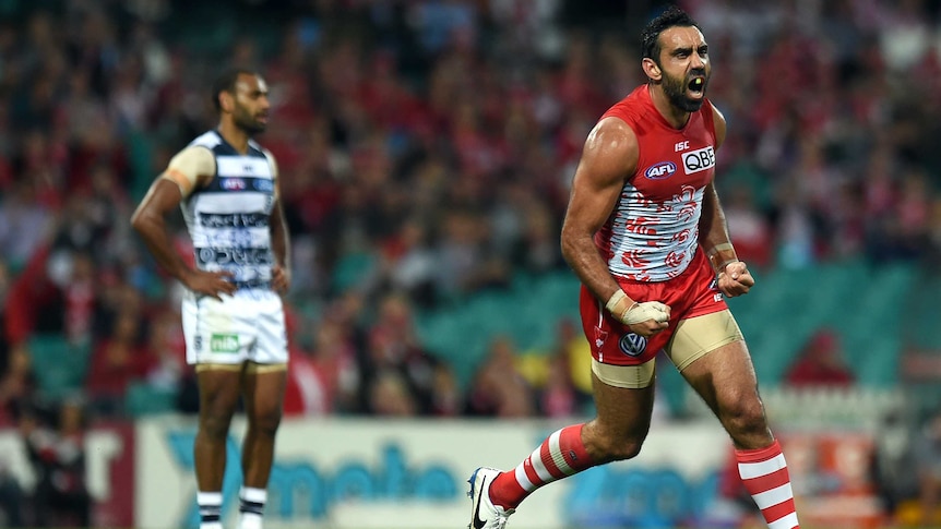 On target ... Adam Goodes celebrates kicking a goal for the Swans