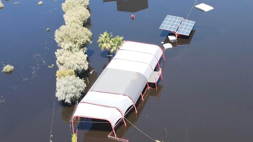 A flooded building from the air.