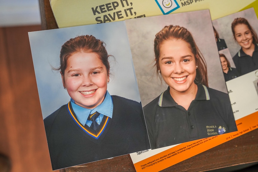 Two school photos of the same girl, one with chubbier cheeks.