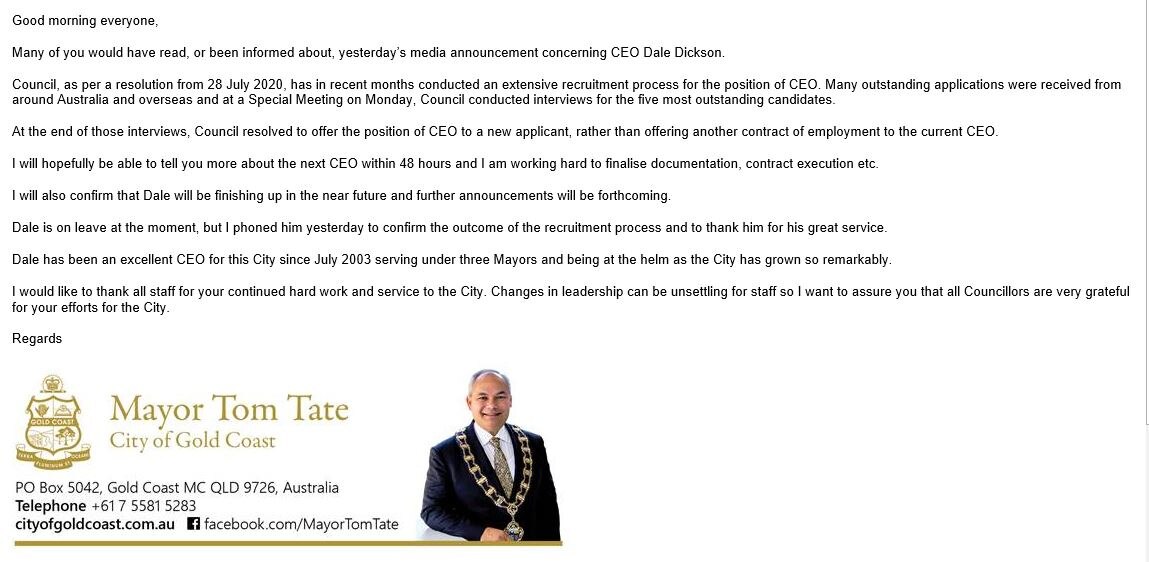 picture of a letter to all council staff with photo of Mayor at the bottom