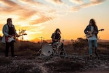 a three-piece band playing instruments outdoors in front of a sunset wearing surgical masks