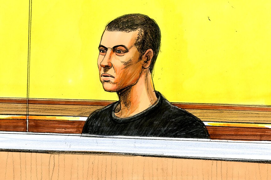 A court sketch of Joshua Horton, with short hair in front of a yellow background.