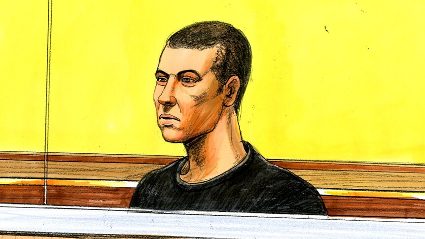 A court sketch of Joshua Horton, with short hair in front of a yellow background.