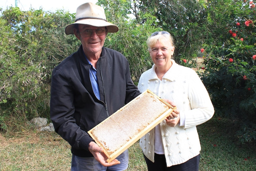 George and Louise Wilson standing in their garden with a frame of honey