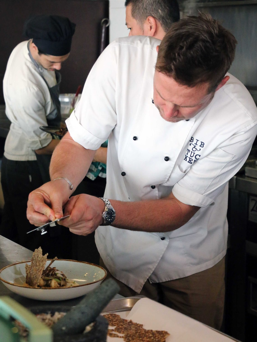 Bib and Tucker executive chef Scott Bridger using the oyster mushroom in a new dish.