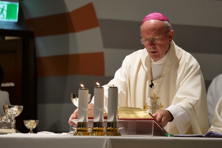 Close up of Bishop Michael Morrissey leading the mass.