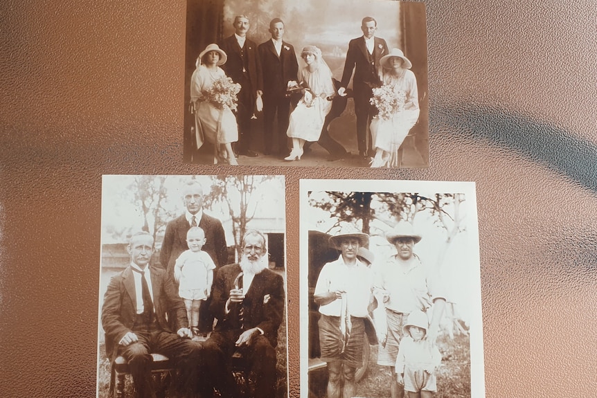 Three sepia photos of a wedding party, three men in suit with a toddler, two men in shorts, hats, with child.