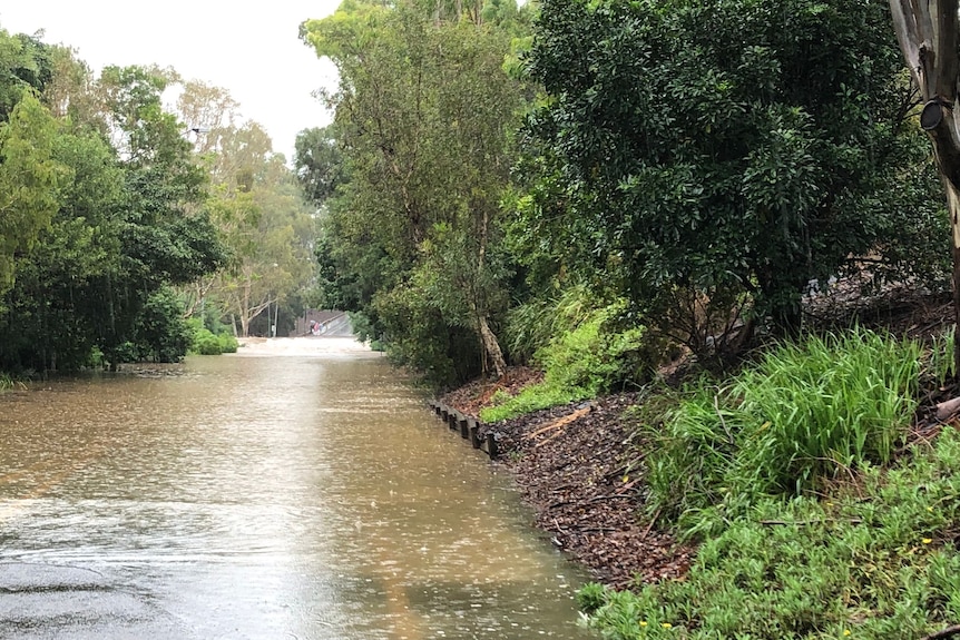 Water covers a road in what appears to be a semi-rural suburb