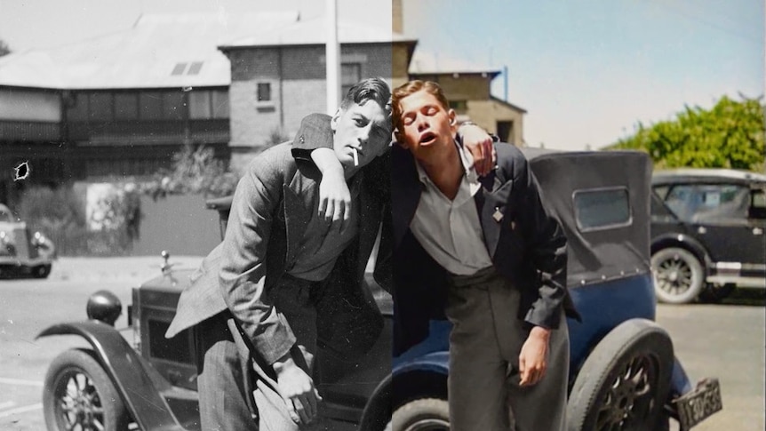 a half black and white, half colour image of two men taken in 1955