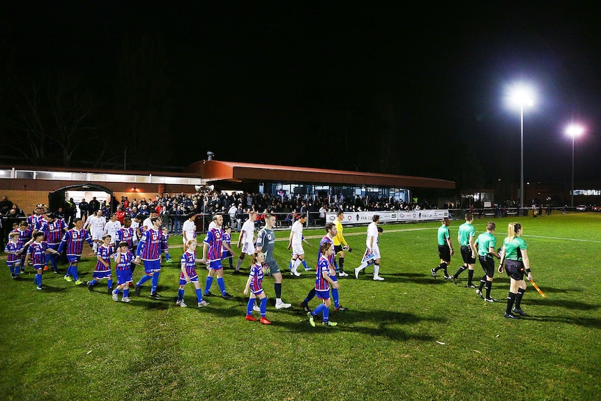 Two male soccer teams walk out onto a field in two lines