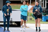 Sam Kerr with a bandage on her left calf at a Matildas training session in Brisbane.