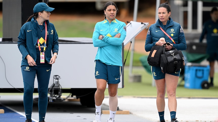 Sam Kerr with a bandage on her left calf at a Matildas training session in Brisbane.