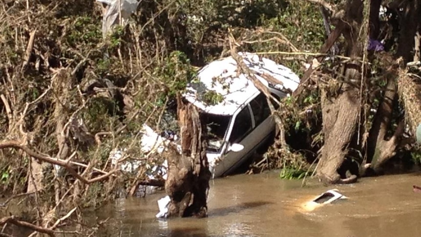 A car is trapped in a tree at Dungog highlighting the devastation of the NSW storm