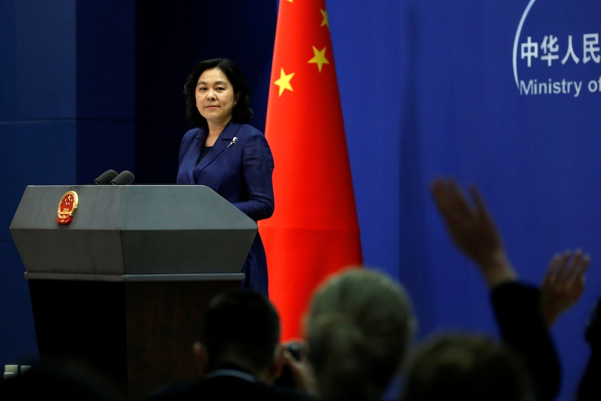MOFA spokesperson Hua Chunying address a press conference in front of a Chinese flag in this file photo.