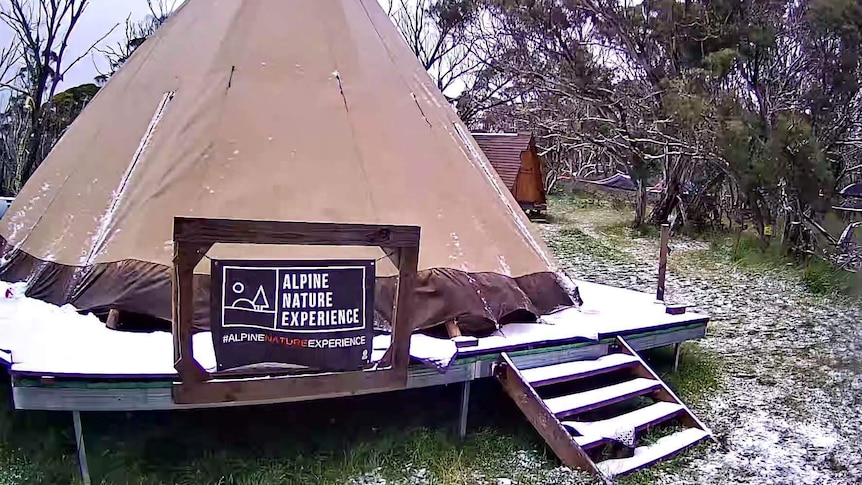 snow covers tent on mount hotham 