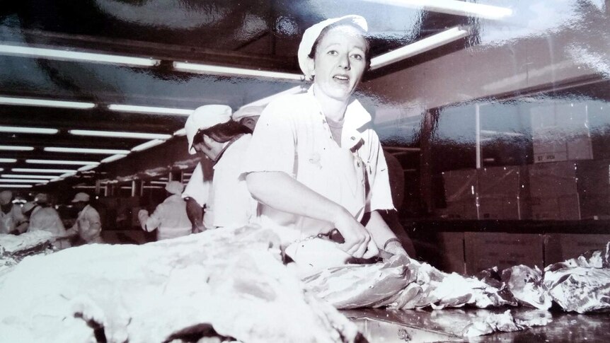 A woman in a white cap cuts into an animal carcass in an assembly line.