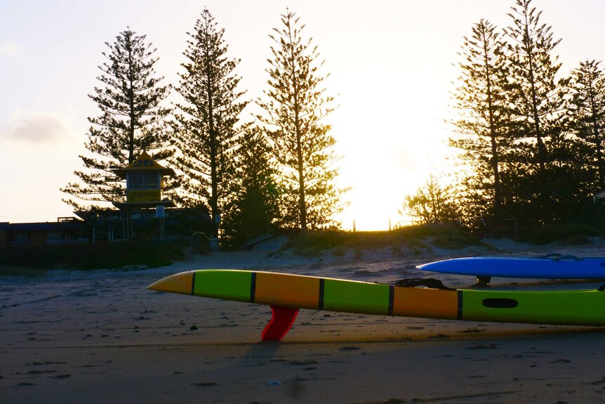 surfboards on a beach during sunset