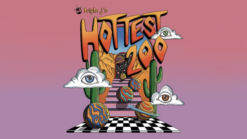 Cartoon design of the Hottest 100 of 2023 logo with text above detailing the Hottest 200