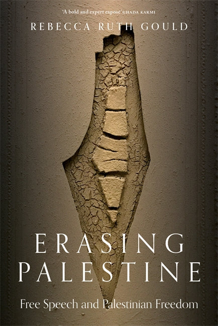 Book cover with the title Erasing Palestine, over what appears to be a map or shape of the disputed territory