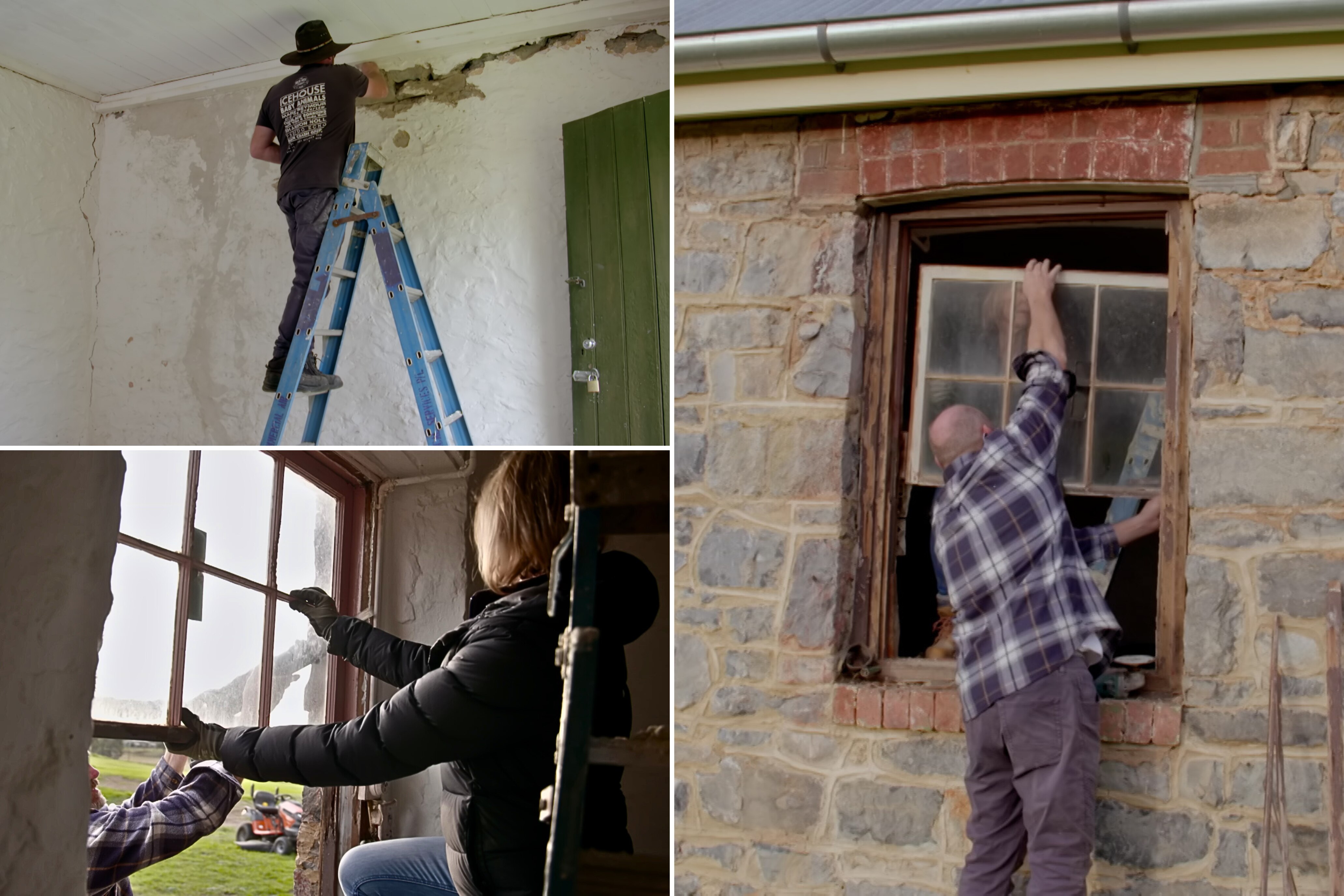 A composite of three images of Kim and Alan repairing windows and fixing cracks