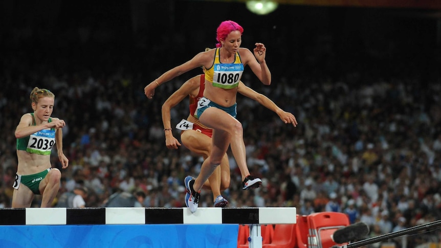 Victoria Mitchell competes in the steeplechase at 2008 Beijing Olympics
