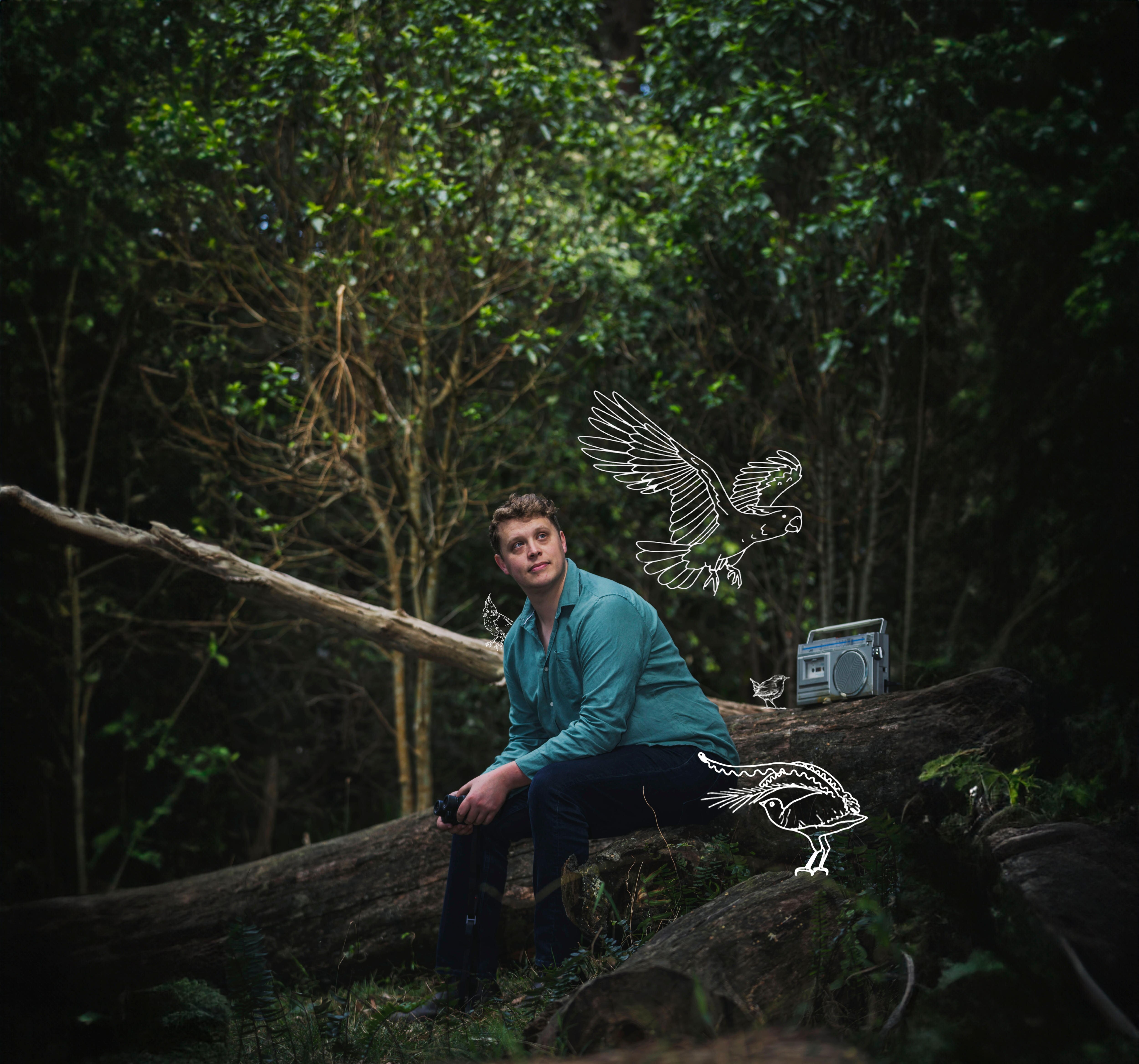 Nathan Harrison is seen by a river with graphics of birds and a cassette player
