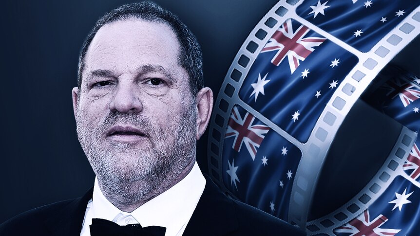 Graphic showing Harvey Weinstein next to a movie reel that has the Australian flag on it.