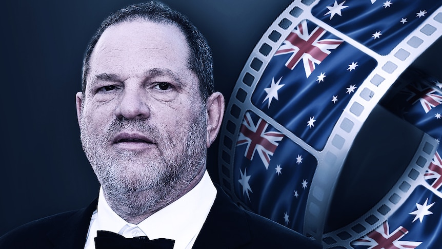 Graphic showing Harvey Weinstein next to a movie reel that has the Australian flag on it.