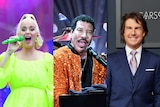 A three panel side-by-side composite image of Katy Perry performing, Lionel Richie performing and Tom Cruise on a red carpet
