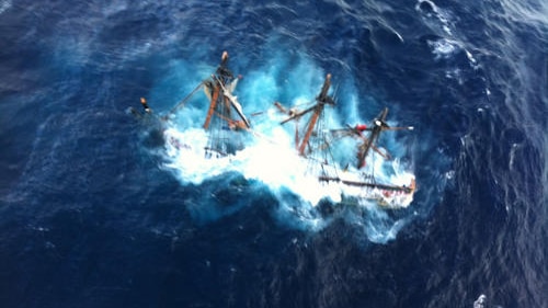 The tall ship Bounty is seen submerged in the Atlantic Ocean off the coast of North Carolina during a US Coast Guard rescue.