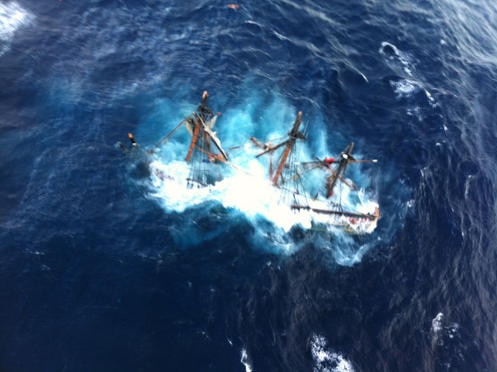 The tall ship Bounty is seen submerged in the Atlantic Ocean off the coast of North Carolina during a US Coast Guard rescue.