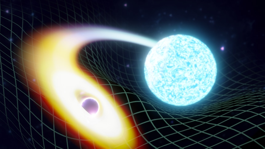 Artist's illustration of a merging black hole and neutron star.