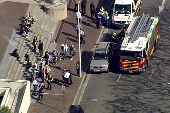 Emergency services gather outside a court in Parramatta in Sydney's west