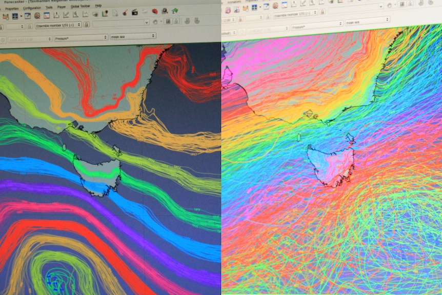 Two computer screens, the left one with neat colour lines over a map of Tasmania, the right one showing chaotic colours lines