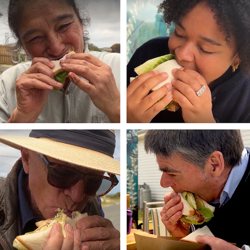 Composite of images - Four people eat wallaby sandwich