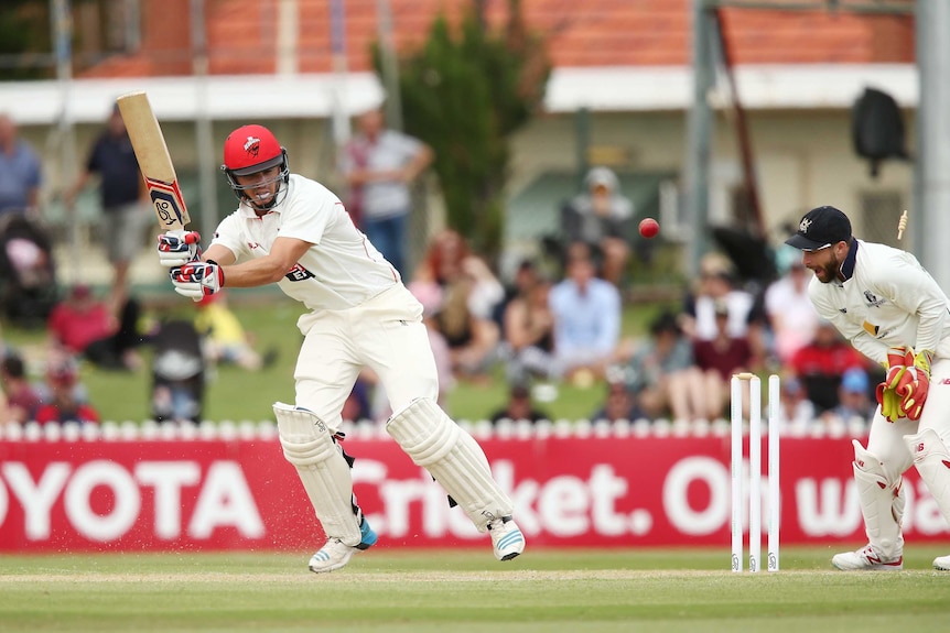 Sam Raphael is bowled during day one of the Sheffield Shield final between South Australia and Victoria