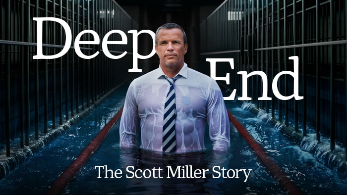 Scott Miller in a pool wearing a white shirt and tie, with text Deep End - The Scott Miller Story overlaid.