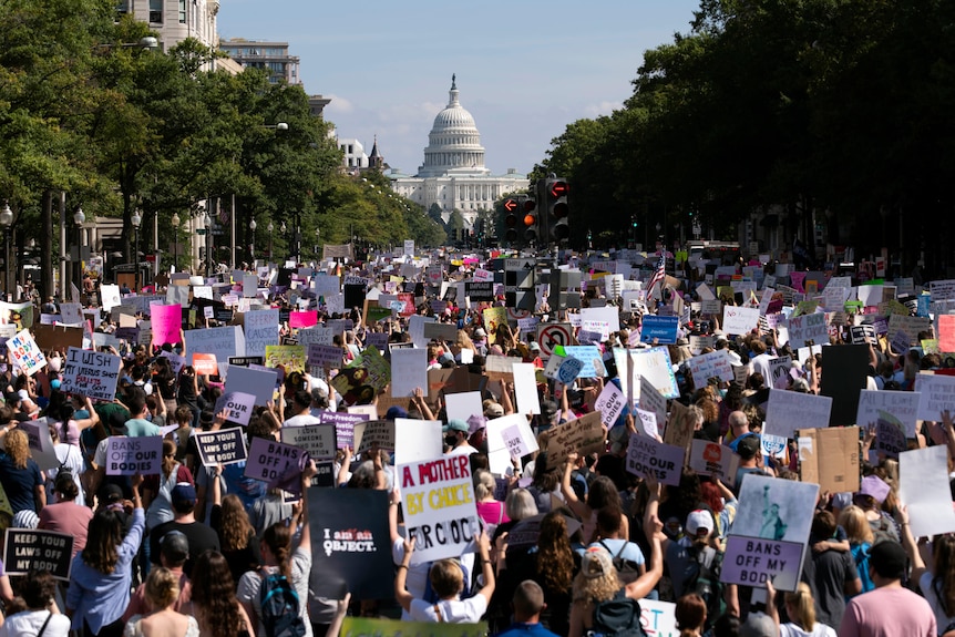 a crowd of women march toward the US Capitol building in Washington DC