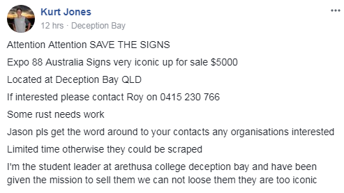 A facebook post advertising Expo 88's iconic Australia sign for sale for $5000