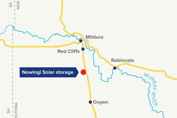 A map showing the site of the Nowingi solar and battery project.