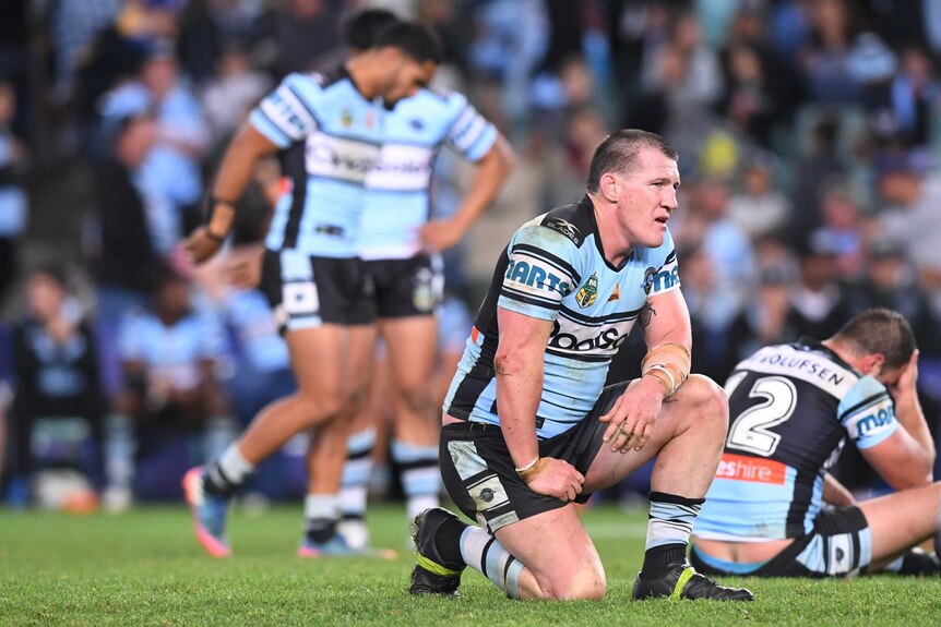 Paul Gallen takes a knee after Cronulla's NRL finals loss to North Queensland